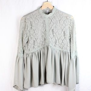 PPLA grey lace bell sleeve ruffle blouse